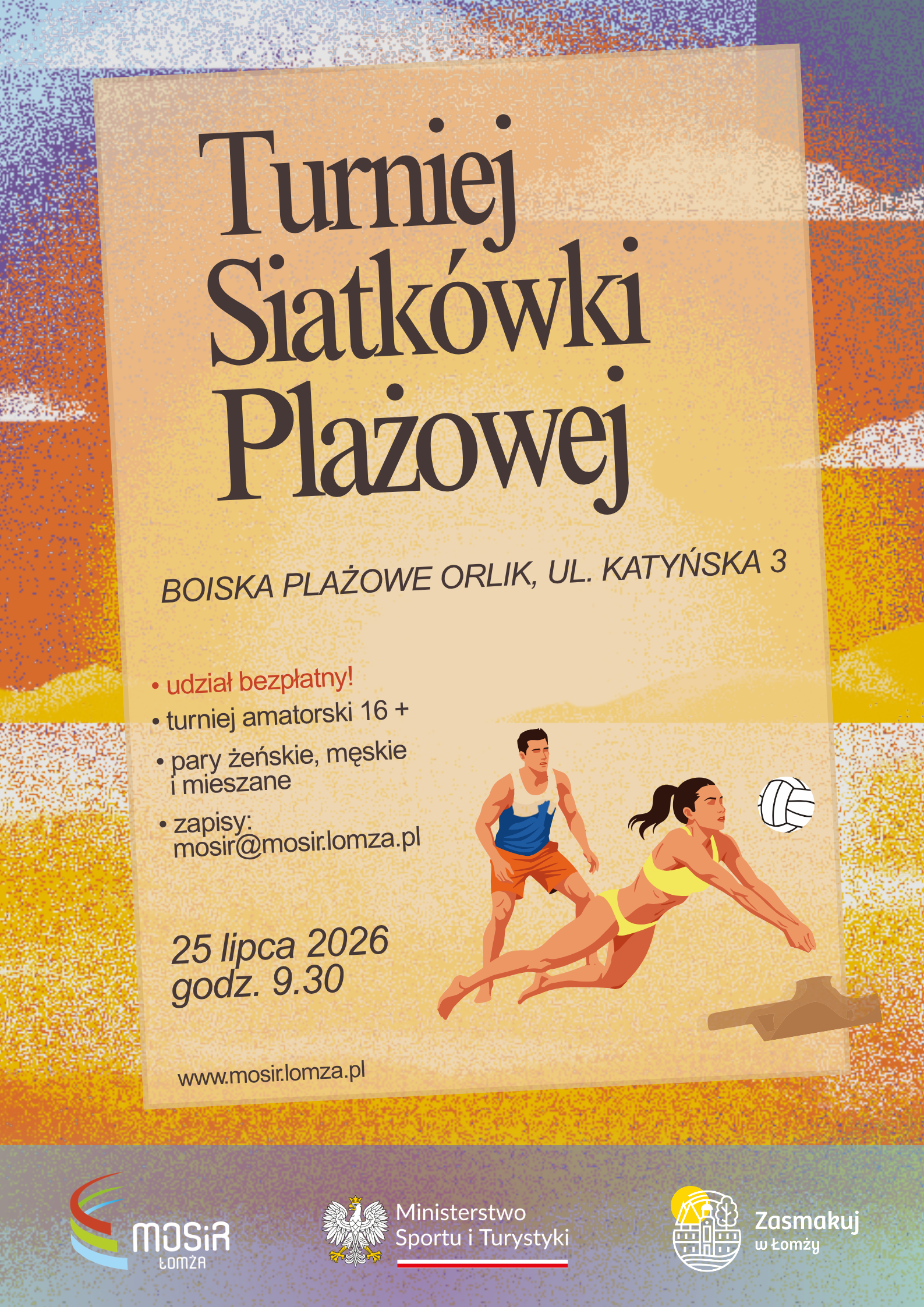 plakat zachęcający do udziału w Turnieju Siatkówki Plażowej, grafika kobieta i mężczyzna grający w siatkówkę na plaży